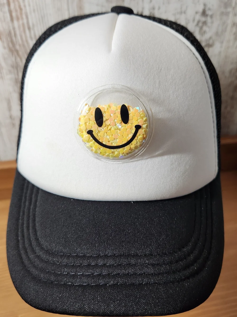 Fun Happy Black & White Trucker Hat with Yellow Sequin Pin Smiley Face Smile 😃